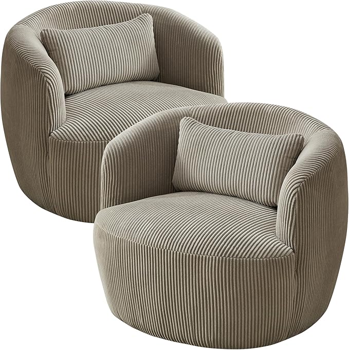 Aoiy & Wifon 34.25" W Swivel Barrel Chair Set of 2, Upholstered Round Small Accent Chair, Single Comfy Barrel Chair for Living Room, Corduroy, Light Gray