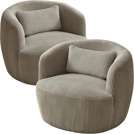 Aoiy & Wifon 34.25" W Swivel Barrel Chair Set of 2, Upholstered Round Small Accent Chair, Single Comfy Barrel Chair for Living Room, Corduroy, Light Gray