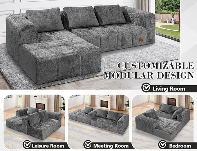 HABUTWAY 105" L-Shaped Modular Sectional Sofa, No Assembly Required Deep Seat Couch with 3 Pillows, Soft Fabric Upholstered, Modern Chaise Lounge for Living Room, Bedroom,Black (Grey)