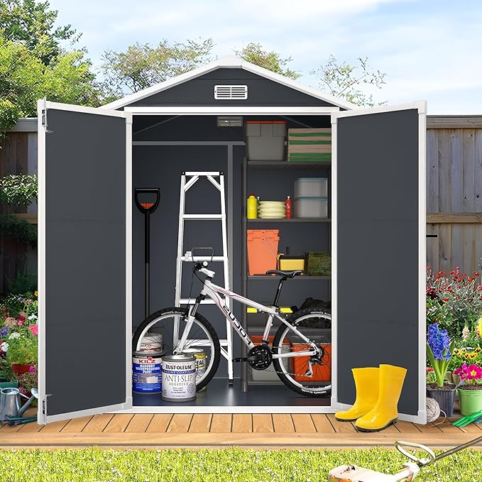 6*4.4 FT Resin Outdoor Storage Shed Plastic Shed with Floor, Reinforced Floor for Patio Furniture, Gardening Tools, Lawn Mower, Plastic Garden Shed with Lockable Door for Backyard (Charcoal)