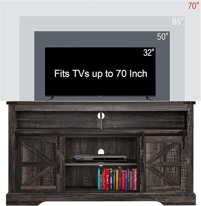 OKD Farmhouse TV Stand for 65+ Inch TV, 33" Tall Highboy Entertainment Center w/Sliding Barn Door, Rustic Media Console w/Storage Shelves, Wood Television Stand for Living Room, Dark Rustic Oak