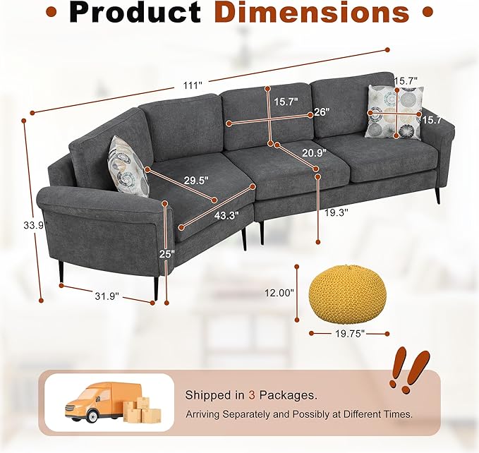 111" Sectional Couch, Upholstered Curved Sofa Couch with Two Printed Pillows, Sectional Couches for Living Room and Office, Charcoal Grey