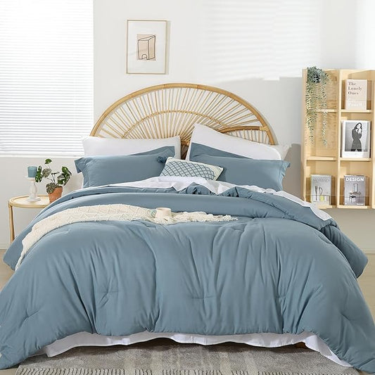 weigelia Dusty Blue Comforter Set 7 Pieces Full Comforter Set Soft Fluffy Bed in a Bag Full Size Bedding Set with Fitted Sheet, Flat Sheet, Pillow Shams, Pillow Cases for All Season
