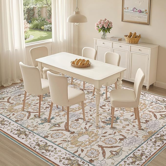 Nursery Rug 10x14 for Kids & Girls - Washable Vintage Large Floral Area Rugs - Ultra Thin Stain Resistant Non Slip Carpets for Kids Playroom, Living Room, Bedroom, Dining Room, Office - Floral