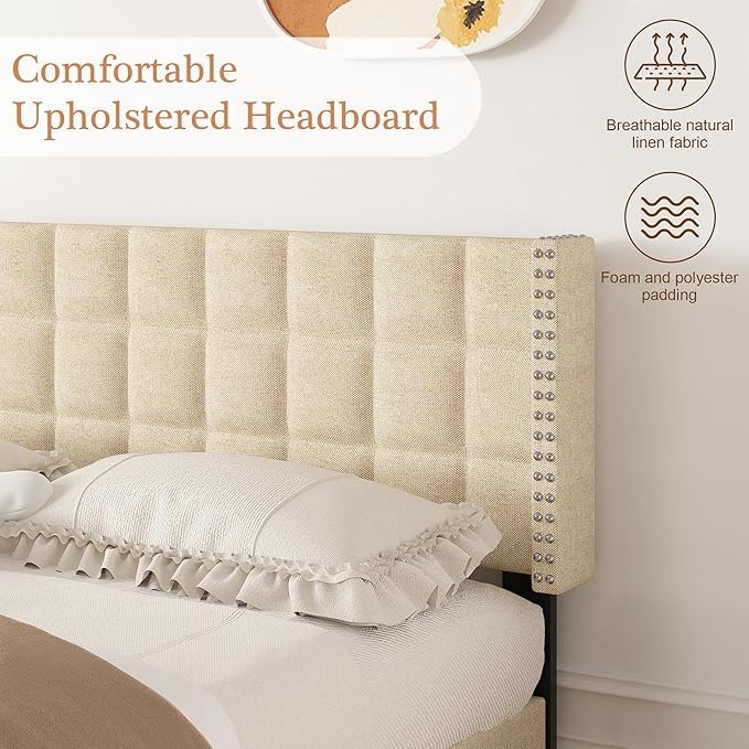 VECELO Headboard King Size, Linen Upholstered Headboards Only with Nailhead Trim Wingback, Square Stitched Design, Adjustable Height from 40" to 49.8", Oatmeal