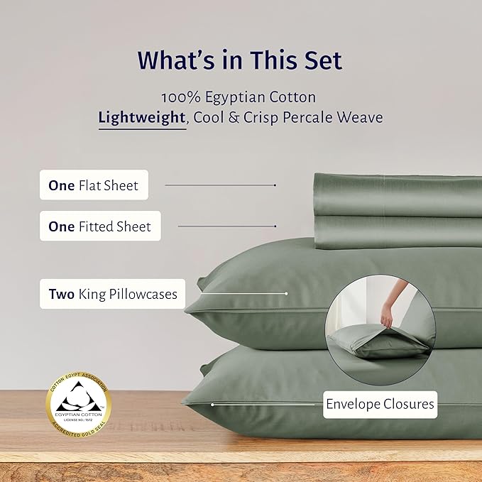 California Design Den King Percale Sheets Set - Certified 100% Egyptian Cotton, Crisp Percale King Bed Sheets Egyptian Cotton Set, Deep Pockets, Cool & Durable Luxury Bedding (Sage Mist - Gray Tone)