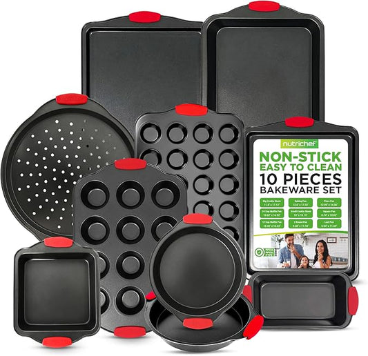 NutriChef Premium 10-Piece Bakeware Set - Flexible Nonstick Carbon Steel, Stylish Red Silicone Handles, Oven Safe Up to 450°F, Dishwasher Safe, Ideal for Baking Cakes, Muffins & More