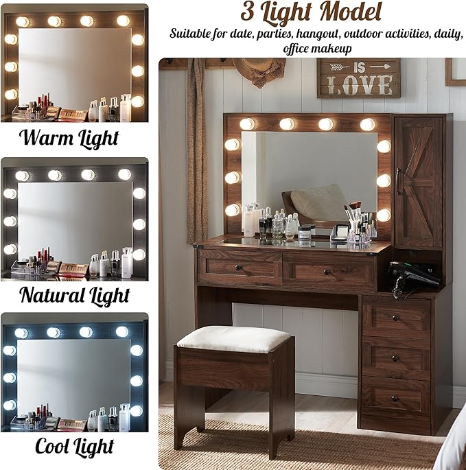 Farmhouse Vanity Desk with Mirror and Lights, 43" Wide Makeup Vanity with Glass Tabletop and Charging Station, Modern Vanity Table Set with Storage and Stool for Bedroom, Brown