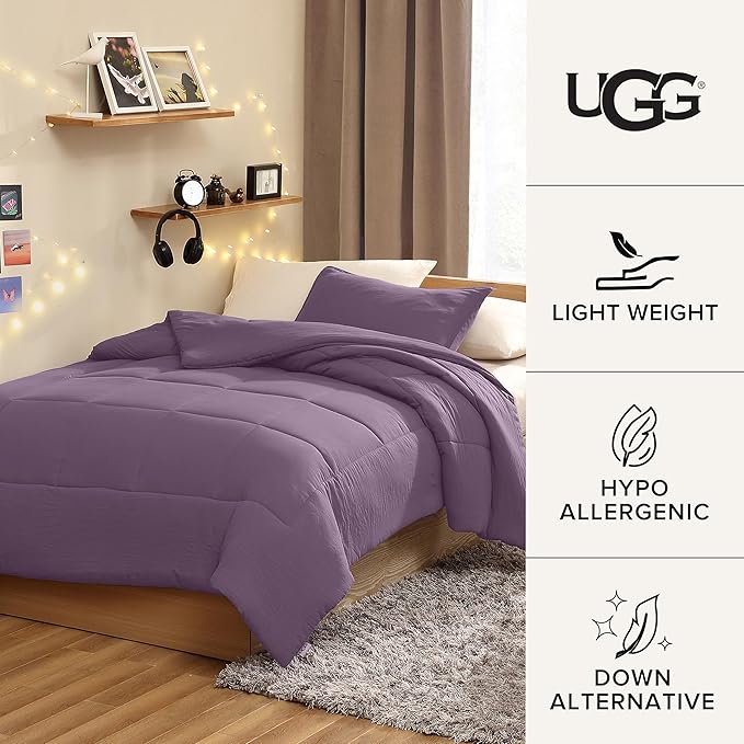 UGG Leonora Comforter Set with 1 Pillow Sham Lightweight Down Alternative Blanket All Season Washable and Hypoallergenic Bedding for College Apartment or Dorm Essentials, Twin/Twin XL, Purple Shadow