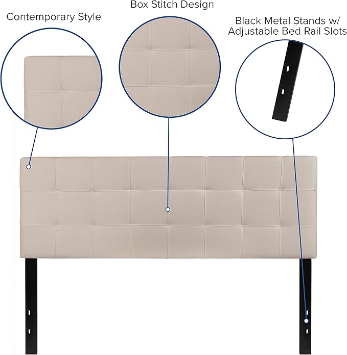 EMMA + OLIVER Quilted Tufted Upholstered Queen Size Headboard in Beige Fabric