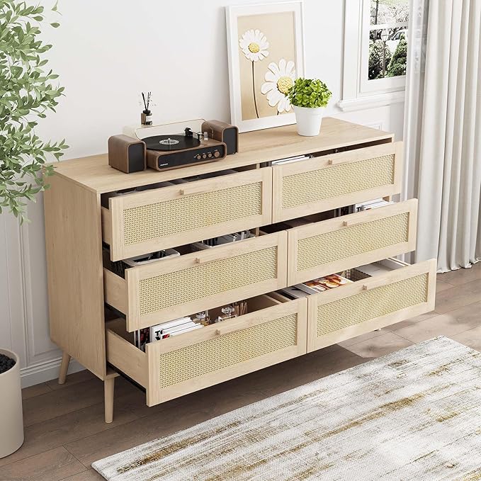 Rattan Dresser for Bedroom, Modern 6 Drawer Double Dresser with Gold Handles, 47" Wide Mid Century Modern Chest of Drawers with Sliding Drawers for Bedroom, Living Room or Hallway (Natural)