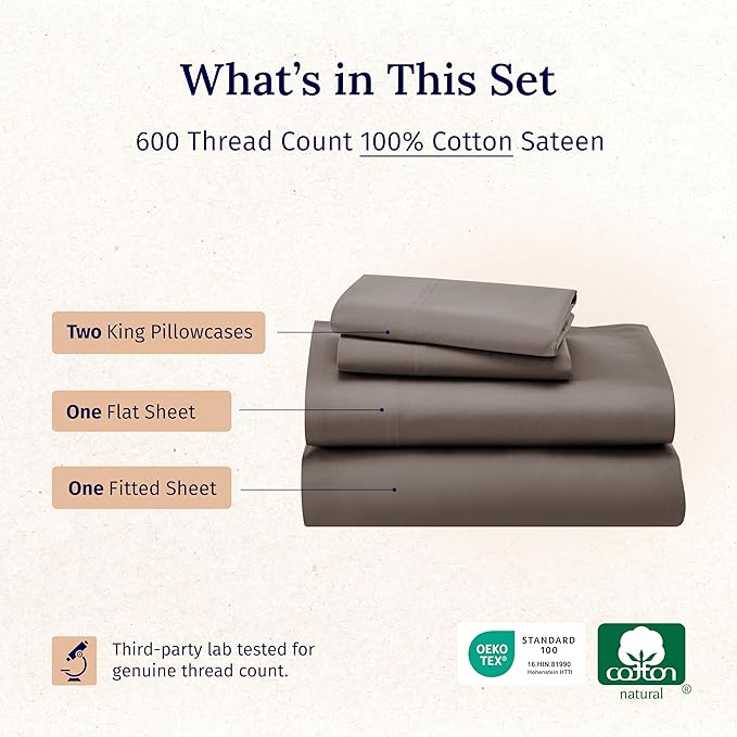 California Design Den 600 Thread Count Sheets King, 100% Cotton Sheet, Sateen, King Size Bed Sheets, Soft, Cooling, Hotel-Quality Bedding with Deep Pockets (Mushroom Brown)