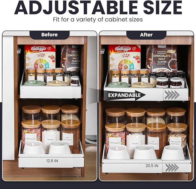 Pull Out Cabinet Organizer – Adjustable Sliding Shelf Inserts for Cabinets - Expandable Shelf Organizer from 12.6" to 20.5" – No Drill or Screw Install (White, 2 pack)