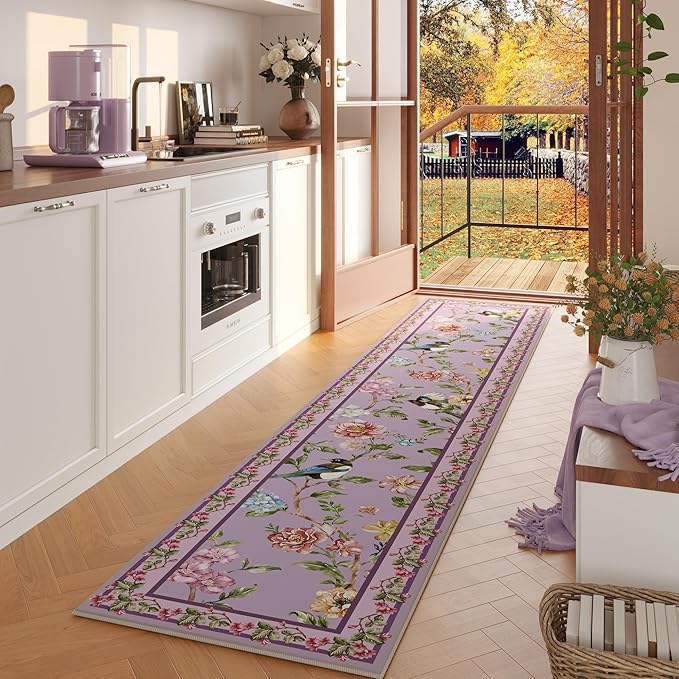 Runners for Kitchen Runner Rug Non Slip 2'x10' Long Washable Rugs with Rubber Backing Soft Floral Bird Magpies Animal Carpet Runner for Kitchen, Laundry, Bedroom, Bathroom (Purple)