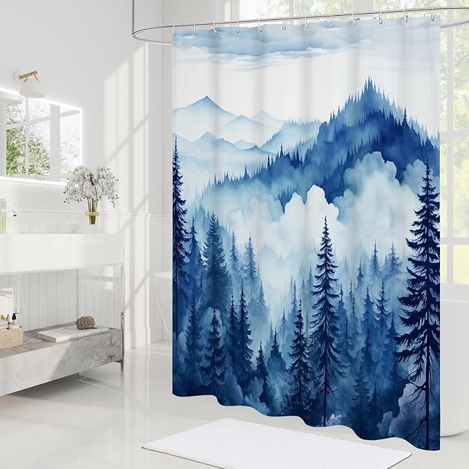 Navy Blue Extra Long Misty Pine Forest Shower Curtain 72 x 84, XL Mountain Foggy Woodland Scenery Tree Shower Curtains for Bathroom, Abstract Waterproof Nature-Themed Decor