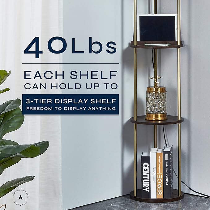 ATAMIN Modern Floor Lamp with Shelves and Fast Charging Ports – USB-C, USB, Wireless Charging, and Compact Storage Shelf Lamp for Connected Living