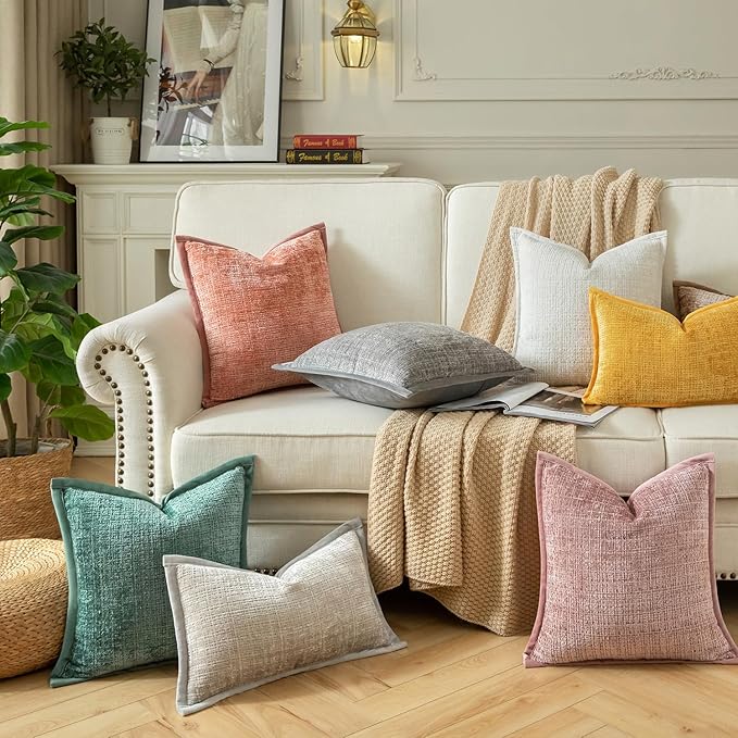 Yaertun Pack of 2 Chenille Textured Decorative Throw Pillow Covers Accent Solid Cushion Cover Soft Cozy Pillow Case with Velvet Back for Couch Sofa Bed Living Room 16x16 Inch Dusty Pink