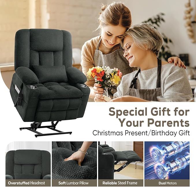 Large Dual Motor Lay Flat Power Lift Massage Recliner Chair Set of 2 for Elderly with Heat for Living Room, Lift Chairs Recliner with Lumbar Pillow, Cup Holder - Grey