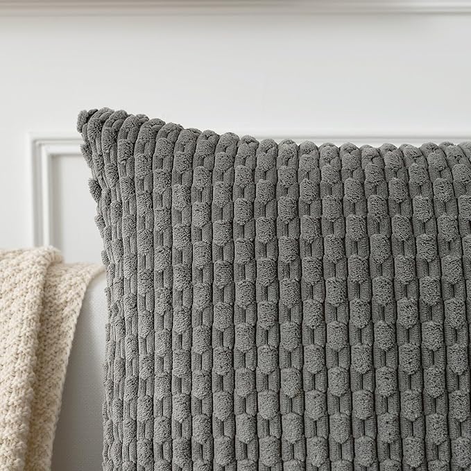 Kevin Textile Corduroy Striped Soft Soild Decorative Square Throw Pillow Covers Set Cushion Cases Pillowcases for Sofa Bedroom 2 Pcs 24x24 Inch Dark Grey