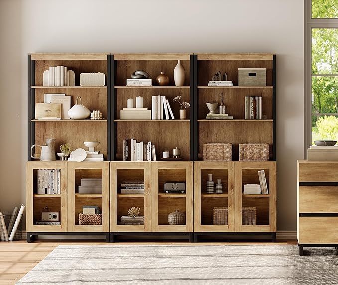 WAMPAT 3 PCS Modern 72" Tall Bookcases with Glass Doors and Adjustable Shelves, Library Book Shelf with Storage Cabinet and Open Book Shelfs, Wood Bookshelves for Home Office, Living Room, Oak