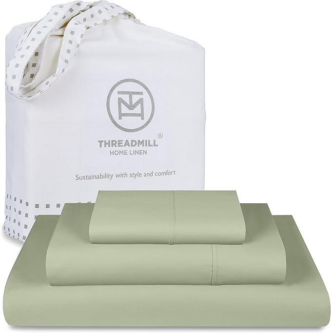 Threadmill 800 Thread Count 100% Cotton Sheets - Luxury Sateen Weave Sage Green Twin XL Bed-Sheets, Better Than Egyptian Cotton,3 Pc Solid Bedding Set, Fits 15" Deep Pocket