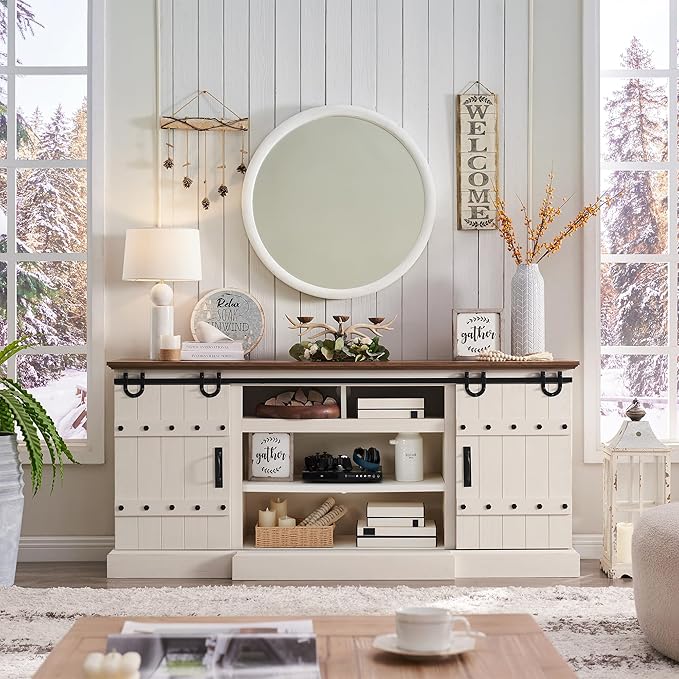 OKD Farmhouse 75" TV Stand for 80 85 Inch TV, Rustic Media Console Table with Sliding Barn Door, Large Highboy Entertainment Center with Storage Cabinet for Living Room, Bedroom, Antique White