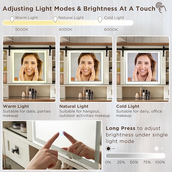 T4TREAM Farmhouse Makeup Vanity Desk with Sliding Mirror and Lights, 42'' Glass Tabletop Vanity Table with 2 Drawers & Shelves, Rustic Big Vanity Set for Bedroom, Antique White