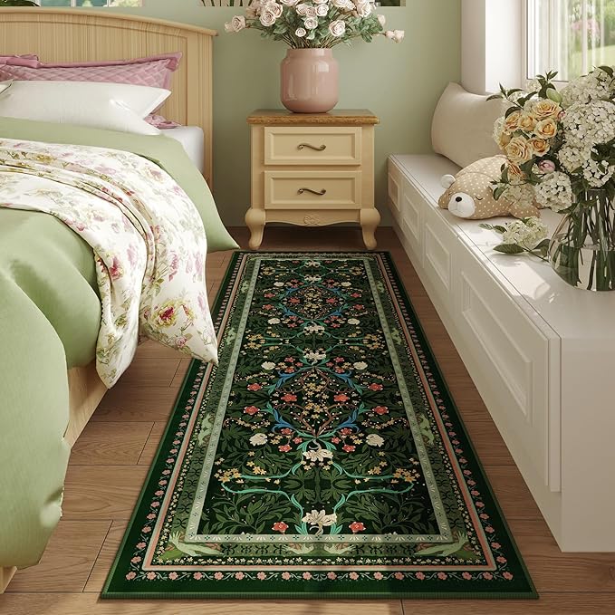 Runner Rug for Kitchen Rug Non Slip 2'6"x8' Washable Rugs with Rubber Backing Soft Vintage Floral Botanical Carpet Runner for Kitchen, Laundry, Bedroom, Bathroom, Green