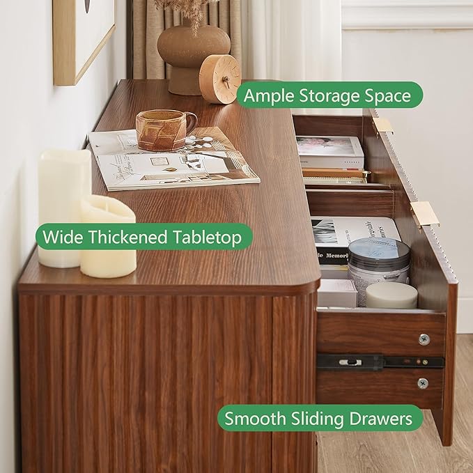 VMU Fluted Dresser with 6 Deep Drawers，55" Modern Wooden Chest of Drawers with Metal Handles, TV Stand with Curved Profile, Closet Clothes Storage Organizer for Bedroom, Living Room, Hallway (Walnut)