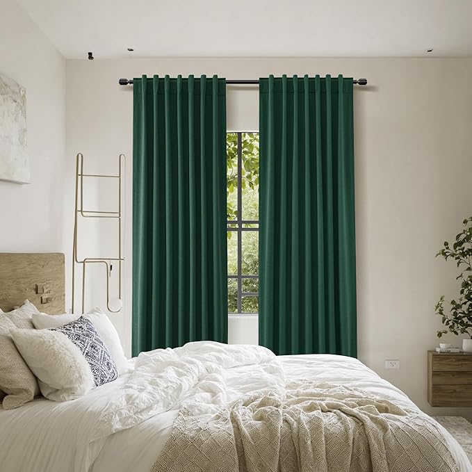 Guken Blackout Curtains 72 Inch Length 2 Panels Set for Living Room Bedroom Back Tab Thermal Insulated 100% Black Out Linen Drapes Room Darkening Window Curtains 72 Inches Long,Emerald Green