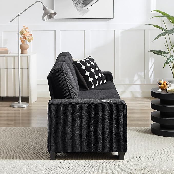 Furnimart Modern 3 Seater Couches, Cozy Deep Seat Sofa, Comfy Fluffy Couch for Living Room, Small Couches for Small Space, with Removable Sofa Cover, Black Corduroy Fabric