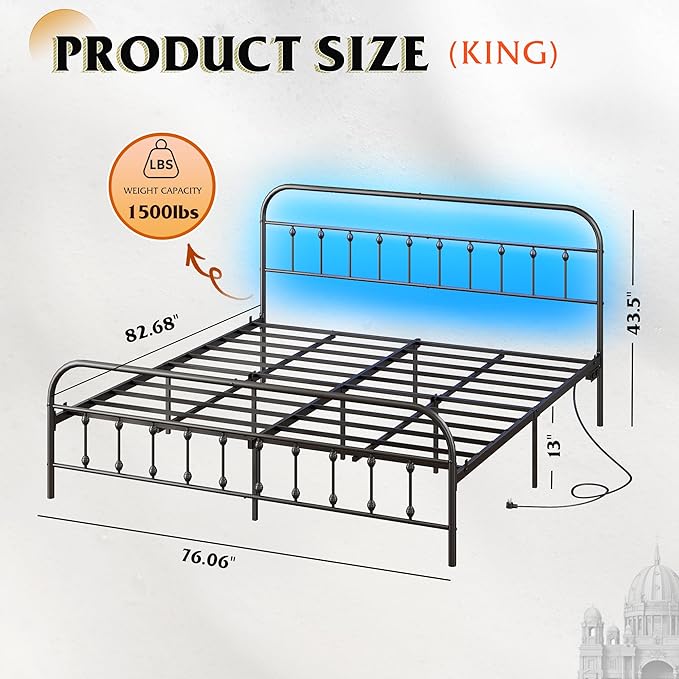 WLIVE Bed Frame King Size, King Size Bed Frame with Storage and Headboard, King Bed Frames with LED Lights and Charging Station, Black