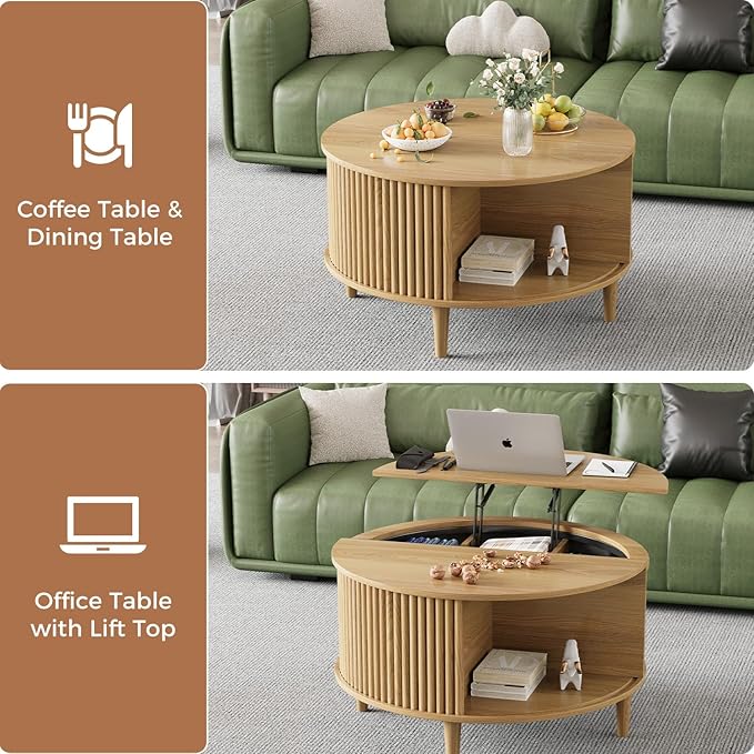 Round Coffee Table with Storage, Fluted Lift Top Coffee Table for Living Room, 31.5" Mid Century Modern Center Table with Sliding Cabinet Door, Natural Oak