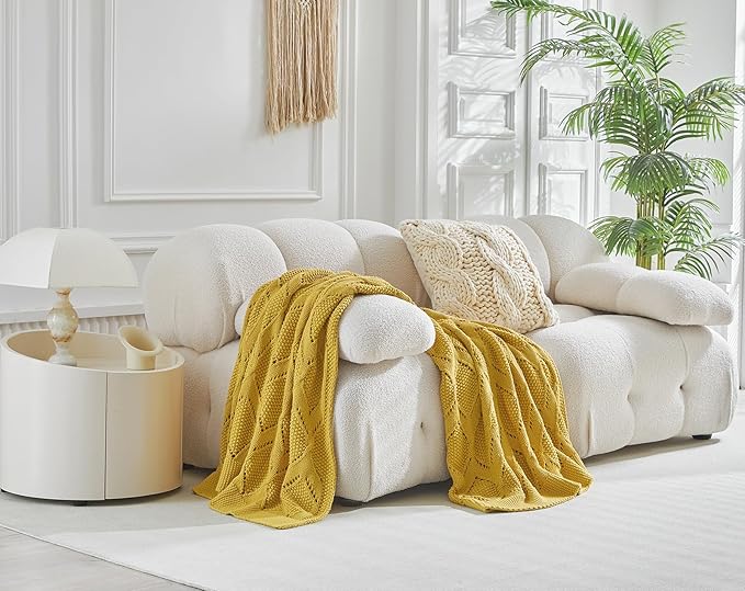 Longhui bedding Chunky Cotton Knit Throw Blanket for Couch, Sofa, Bed, or Chair, Decorative Breathable Fall Cable Knit Blanket 51 x 63 Inches, Medium Weight Mustard Yellow