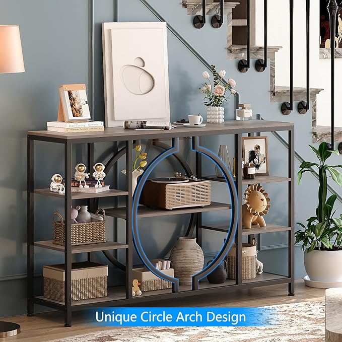 GiftGo 47" Industrial Console Tables for Entryway Rustic Sofa Table Behind Couch 4 Tier Wooden Shelves Entry Table with Storage for Foyer, Hallway, Front Door,Living Room (Retro Grey, 47")