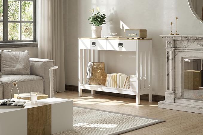Entryway Table with Drawer & Shelves, Console Tables for Entryway, Modern Farmhouse Sofa Table with Reinforced Support Design, Rustic Wooden Hallway Accent Table, White