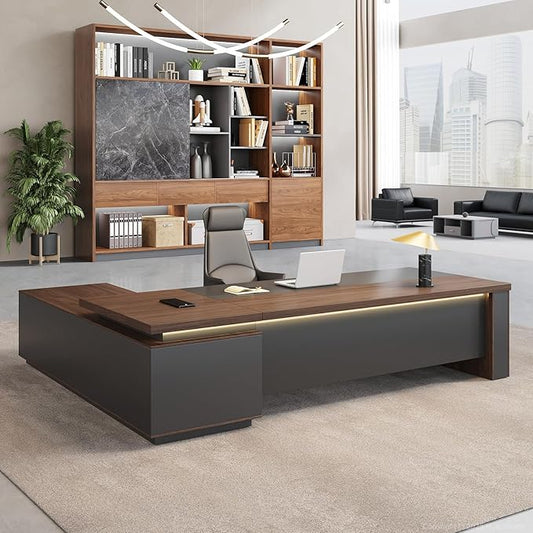L-Shaped Executive Desk with LED Lights, Lockable Storage & 3-in-1 Charging Station, Reversible Cabinet, Modern Wood Office Desk for CEO, Manager & Home Office(Red Walnut+Black, 79"L*63"W*30"H)