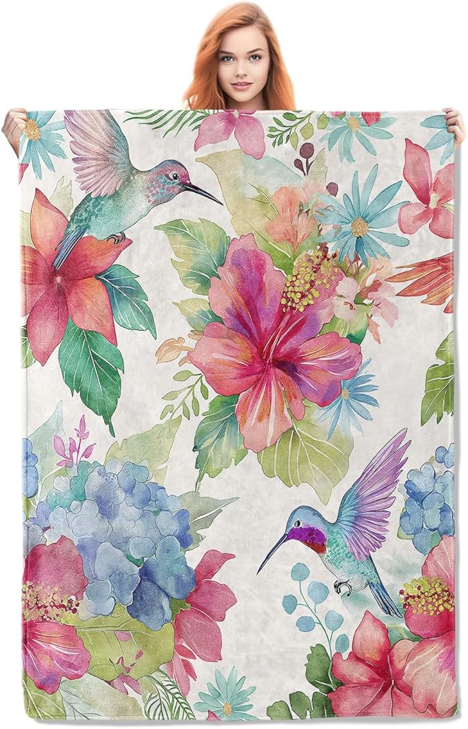 Floral Bird Blanket Gifts for Women Kids Girls Mom Soft Warm Lightweight Cozy Hummingbird Colorful Flowers Print Throw Blankets for Bedroom Living Room Birthday Mother's Day Decor 50x40in