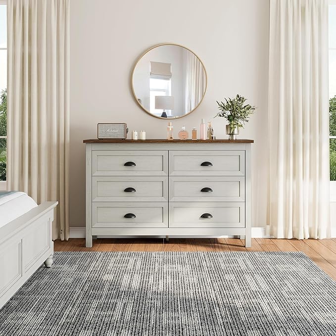 6 Drawer Dresser, Farmhouse Dresser for Bedroom, Antique White Chest of Drawers, Modern Double Dressers for Bedroom, Closet