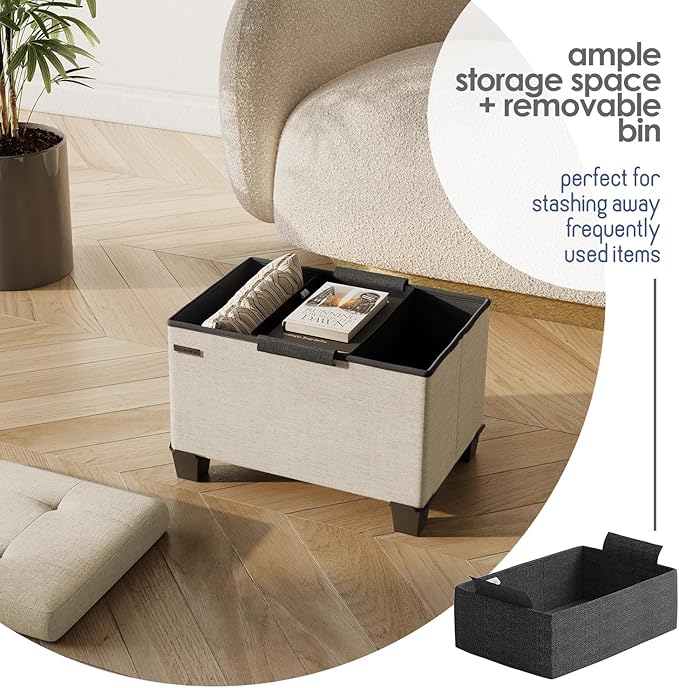 STORAGEBUD Storage Ottoman Cube with Small Bin, 16-in Square Ottoman with Storage for Living Room and Bedroom, Small Ottomans Foot Rest, Fabric Foot Stools Ottomans Max 330lbs, Beige