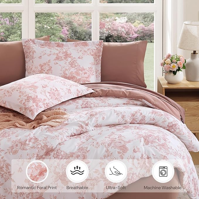 Full Comforter Set -7 Pieces Pink Floral Comforter Set for All Seasons, Bed in a Bag Full with Botanical Flowers Comforter, Sheets, Pillowcases & Shams