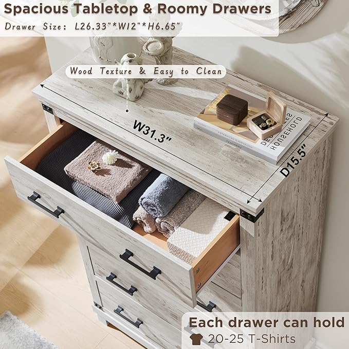 T4TREAM Farmhouse 5 Drawers Dresser for Bedroom, 48" Tall Wood Chest of Drawers w/Natural Texture & Metal Handle, Rustic Storage Dressers Organizer for Living Room, Hallway, Antique Brush White