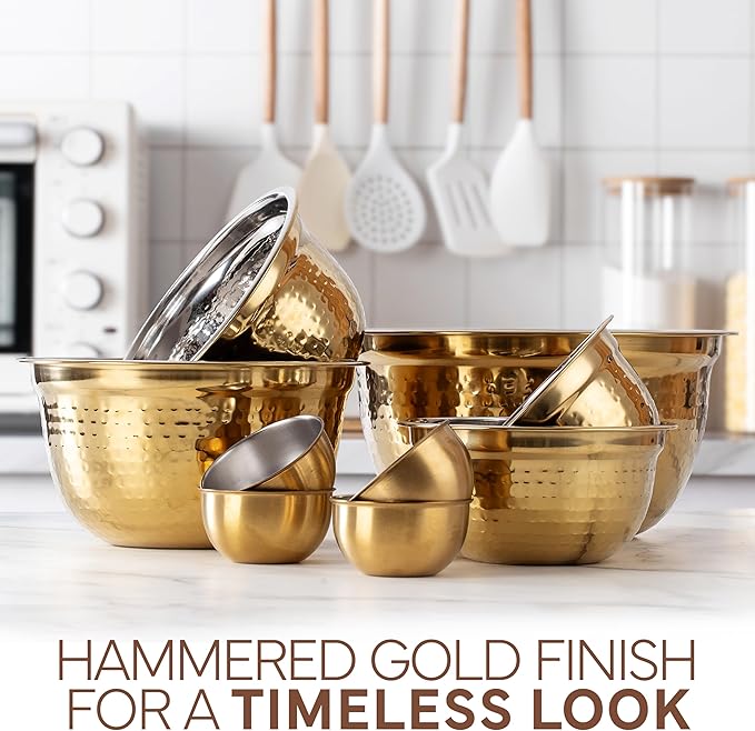 COOK WITH COLOR 18 Piece Mixing Bowls Set with Airtight Lids, Stainless Steel Bowl Organizers, Food Storage Containers, Meal Prep, Nesting Salad Bowls For Cooking, Baking, Kitchen, Gold - Hammered