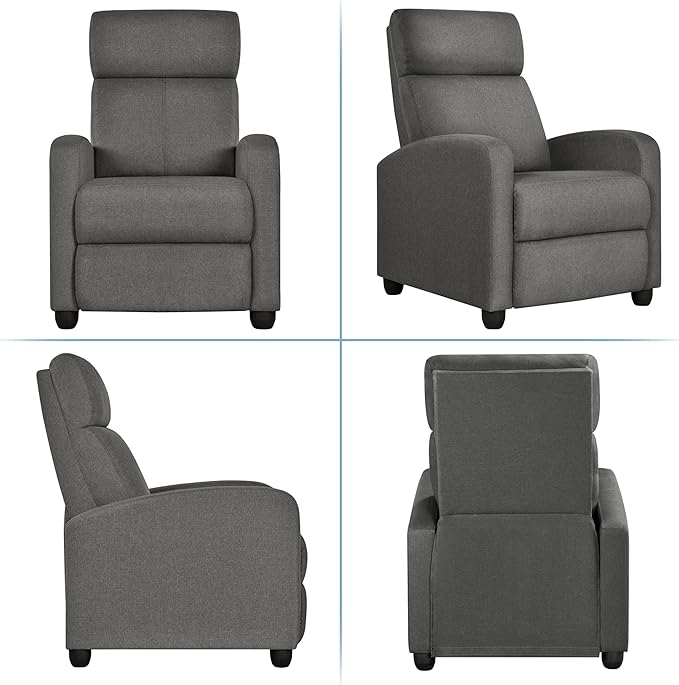 Yaheetech Fabric Recliner Chair Sofa Ergonomic Adjustable Single Sofa with Thicker Seat Cushion Modern Home Theater Seating for Living Room Matte Grey