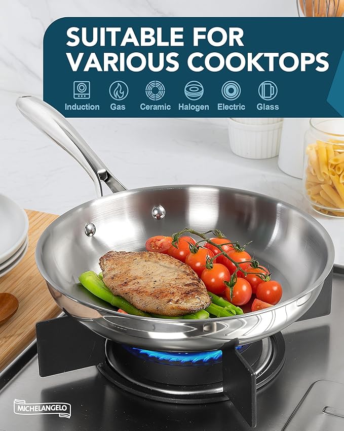 MICHELANGELO 18/10 Stainless Steel Frying Pan Set, 8" / 9.5" / 11" Cooking Pans, Triply Base Stainless Steel Pan Set with Ergonomic Handle, Induction Compatible