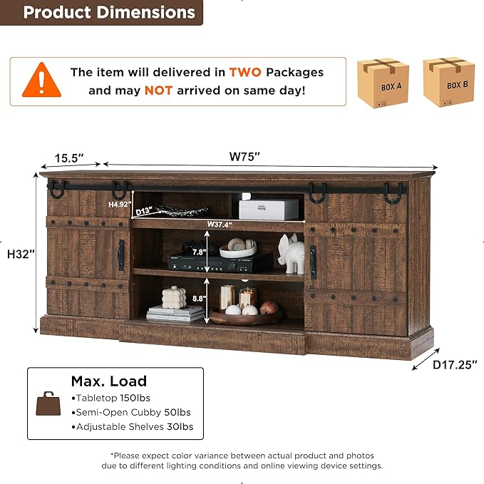 OKD Farmhouse 75" TV Stand for 80 85 Inch TV, Rustic Media Console Table with Sliding Barn Door, Large Highboy Entertainment Center with Storage Cabinet for Living Room, Bedroom, Reclaimed Barnwood