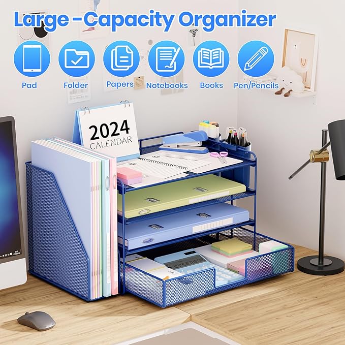 Desk Organizer and Accessories, 4-Tier Desktop File Organizer with Drawer and 2 Pen Holders, Office Desk Accessories for Office Supplies(Dark Blue)