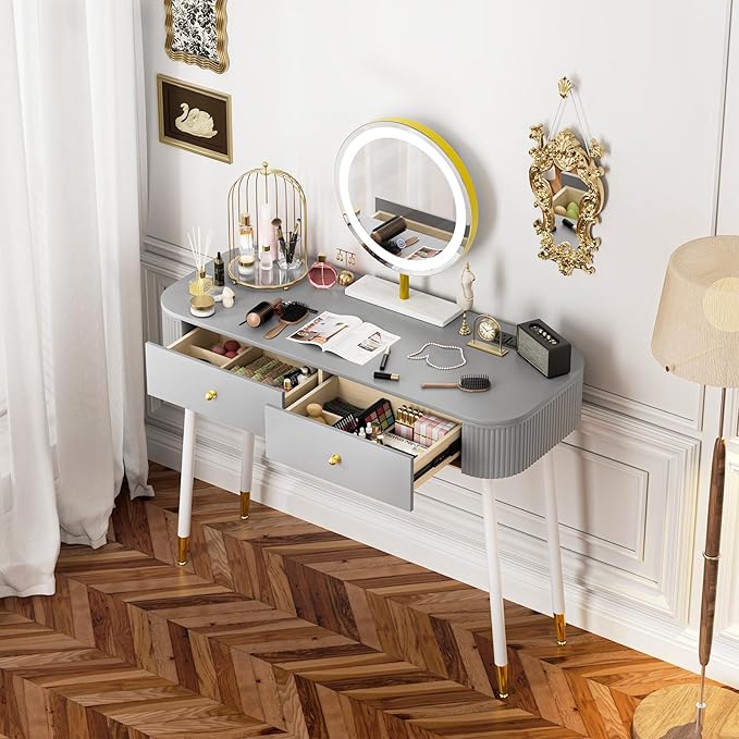 WinZo 40" Vanity Desk with Mirror and Lights, Small Makeup Vanity Table with 2 Storage Drawers and Charging Station, 3 Color Touch Screen Stylish Dressing Table for Small Spaces & Bedroom, Gray