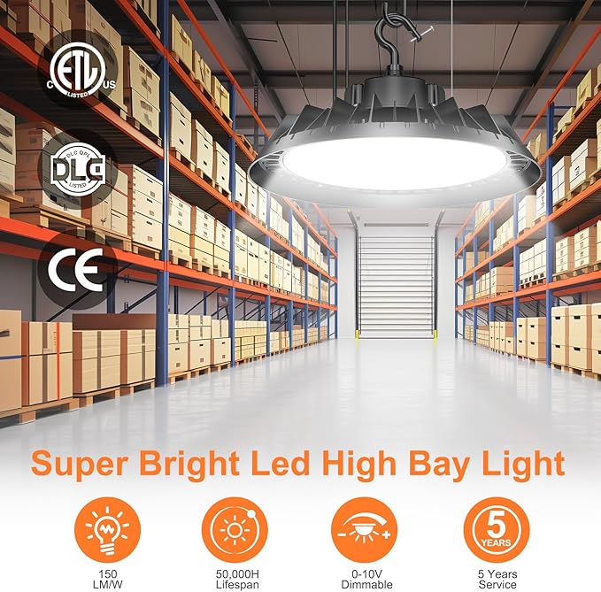 LED High Bay Lights, Super Bright 150W UFO High Bay LED Shop Lights, 22500LM 5000K, 0-10V Dimmable, 5' Cable Plug, IP65 Waterproof, ETL Listed Plug & Play Lighting High Bay for Gym Factory Warehouse
