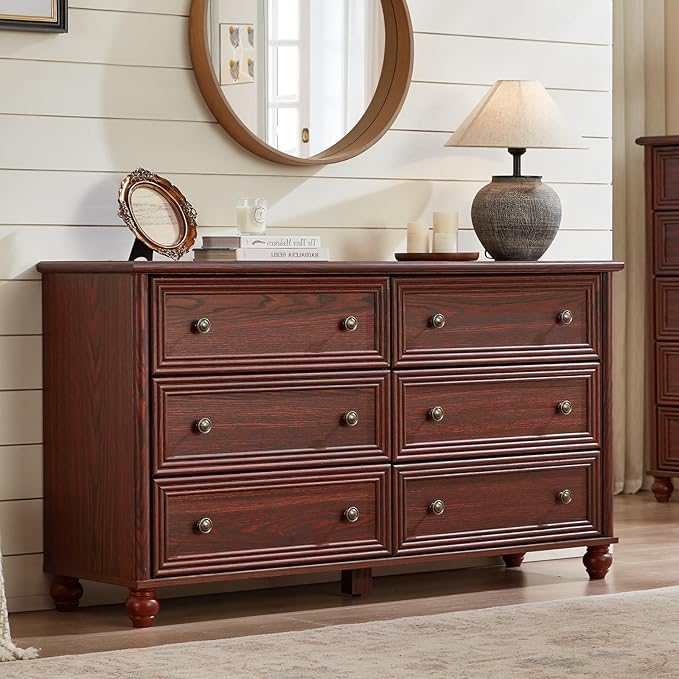 6 Drawers Dresser for Bedroom, Farmhouse 54" Wide Wood Dressers Chest of Drawers, Vintage Design TV Stand, Rustic Storage Dresser Organizer with Metal Handle Closet for Living Room, Hallway